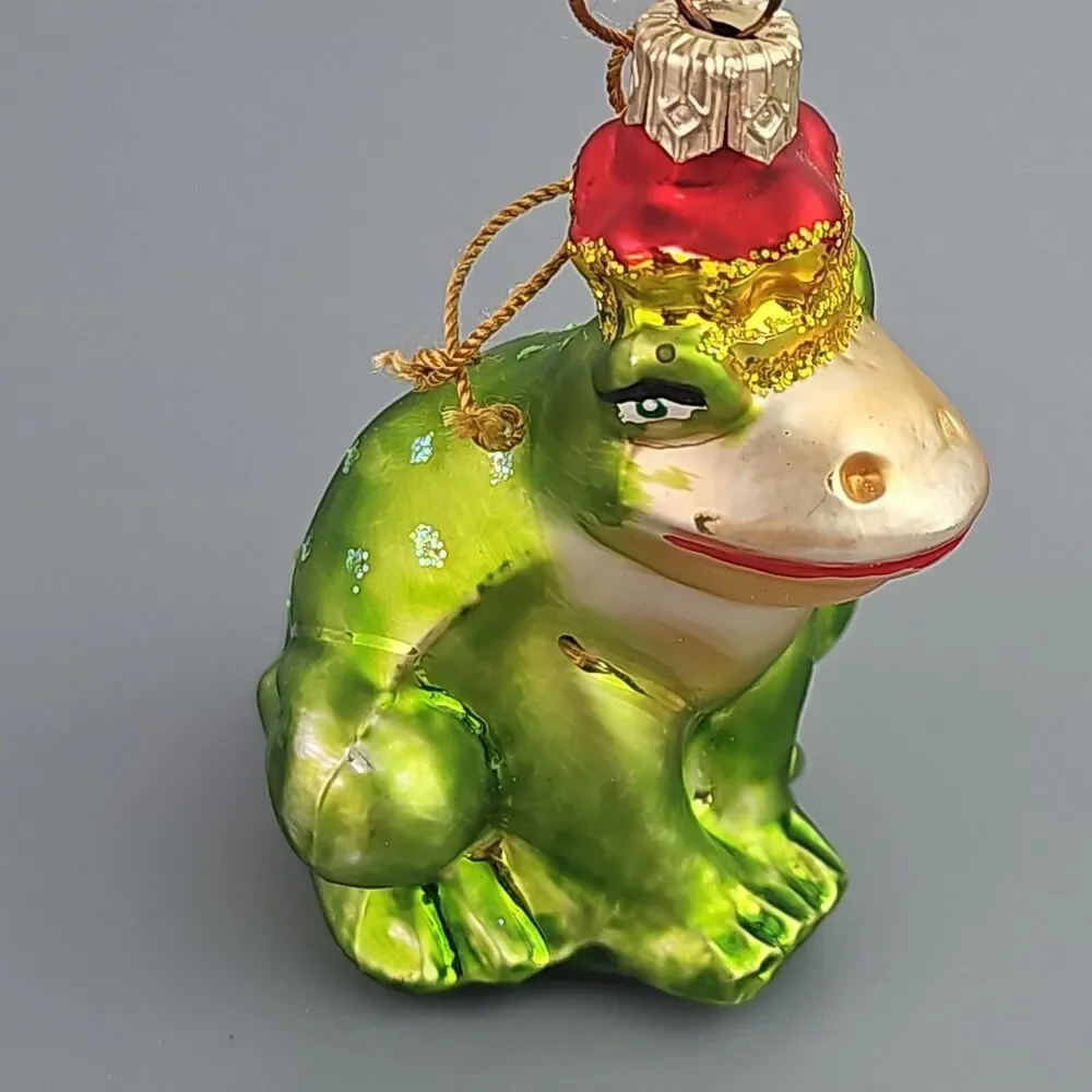 Blown Glass Frog Christmas Ornament Light Green Crown 3 inch
